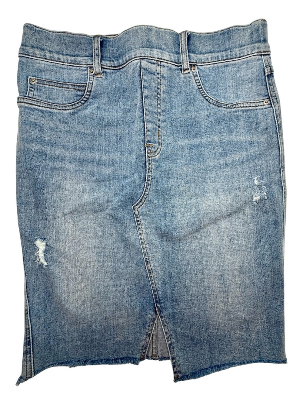 Spanx Women’s Distressed Pull On Asymmetric
Slit Front Blue Denim Skirt Size MED